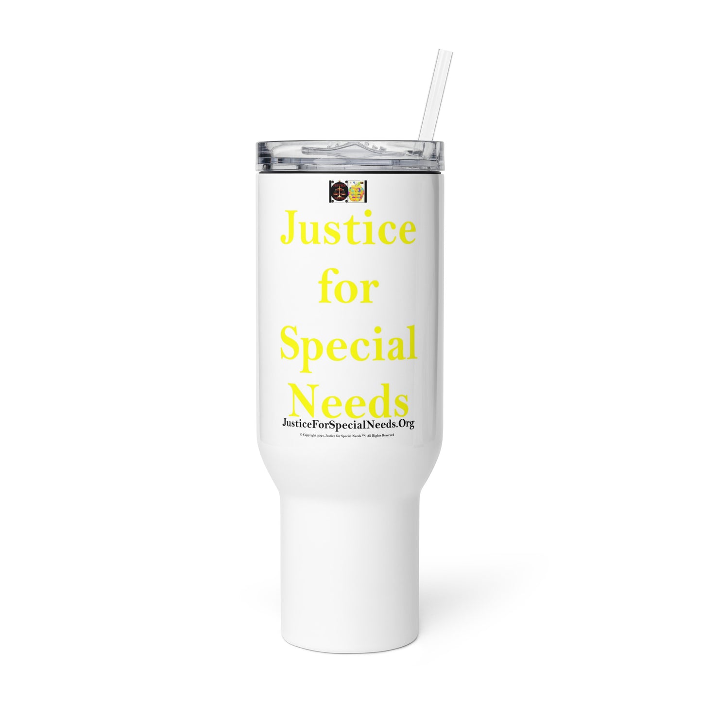 JUSTICE FOR SPECIAL NEEDS Travel mug with a handle